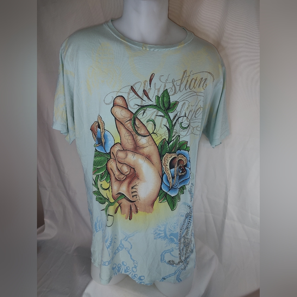 Christian Audigier Blue Mens XXL T-Shirt Embellished crossed finger and lily
